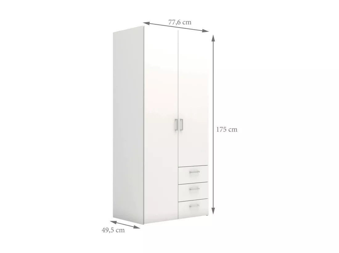 Armoire avec deux portes battantes et trois tiroirs, couleur blanche, Dimensions 77 x 175 x 49 cm