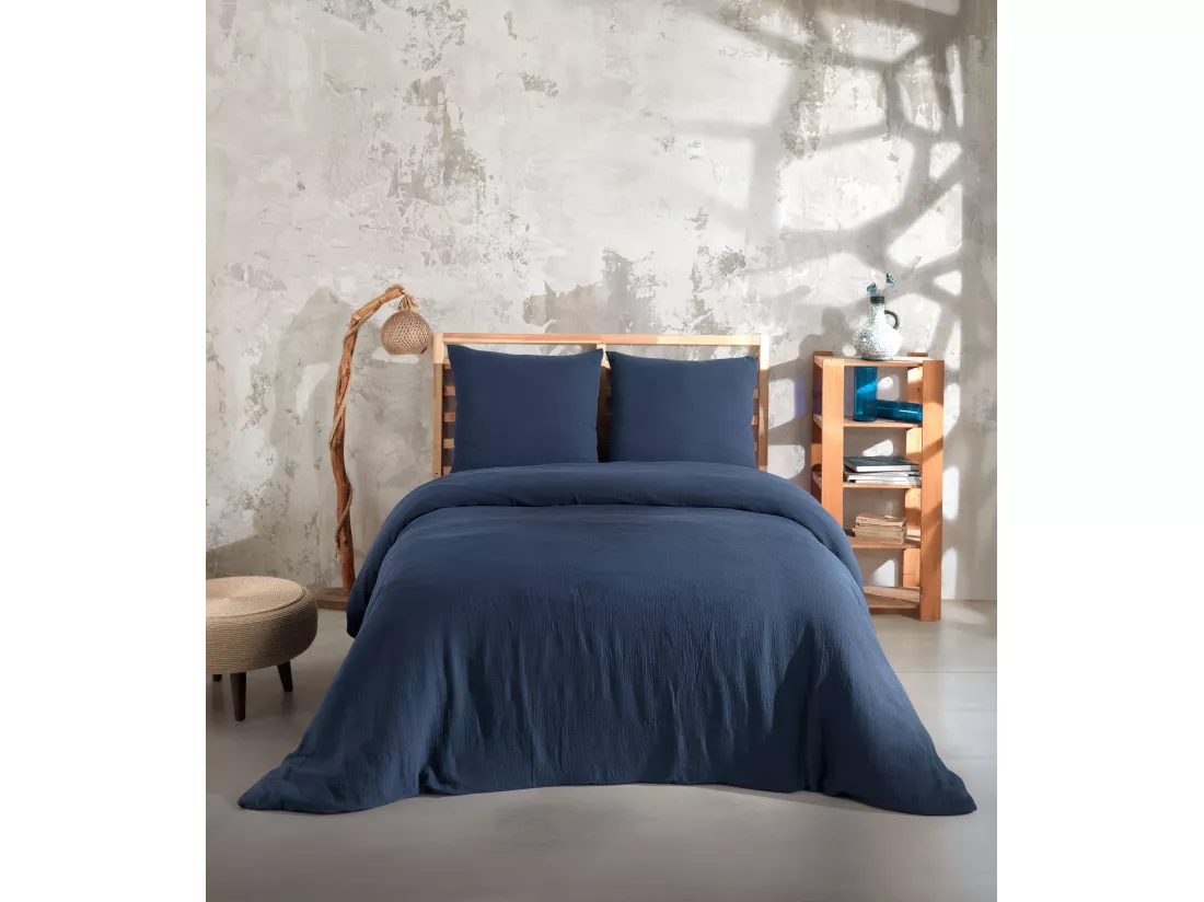 Parure housse de couette et taies d'oreiller gaze de coton marine