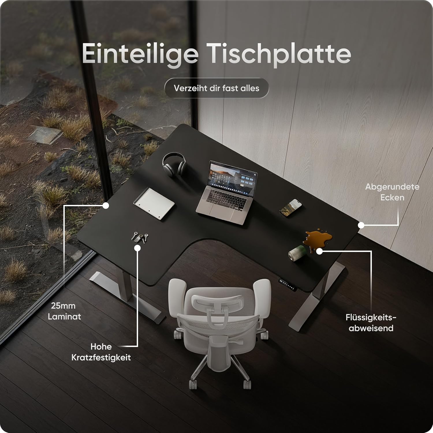 Corner Eckschreibtisch höhenverstellbar (elektrisch) mit Kollisionsschutz und Memory-Funktion, 10 Jahre Gewährleistung, (Graues Gestell, Schwarze Tischplatte, 160 x 130 x 70 cm)