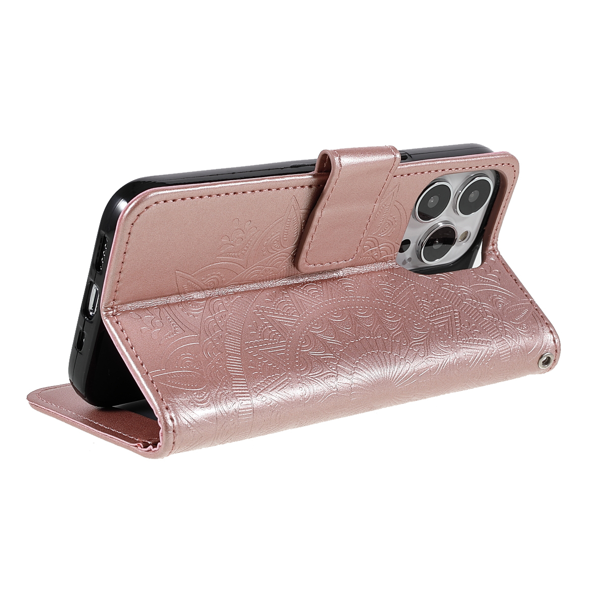 iPhone 13 Pro Leder Tasche Wallet - Mandala Flowers Imprint - Roségold