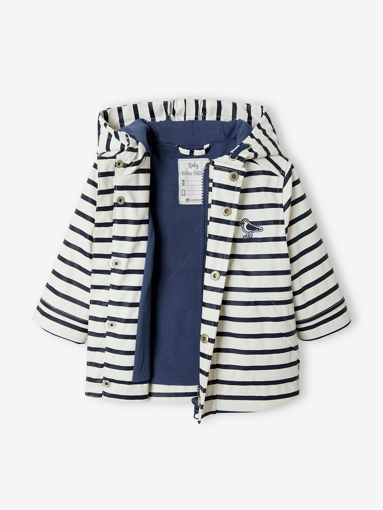 Capa de chuva estilo marinheiro com forro e capuz, para bebê, branca clara com listras.