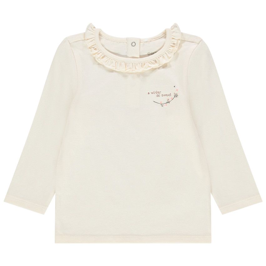 T-shirt manches longues à col volanté et inscription brodée - Rose