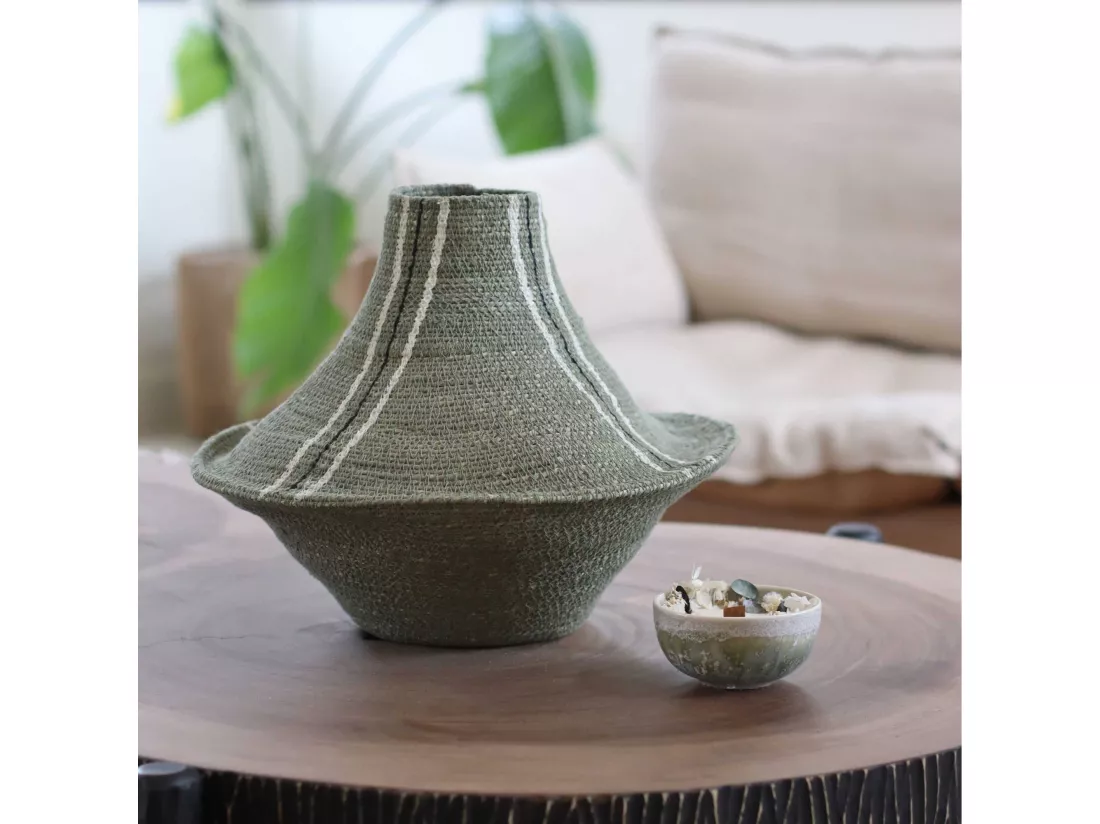 Now's Home - Vase Decoratif En Jonc De Mer Vert Fait Main 36xh31cm Oulad