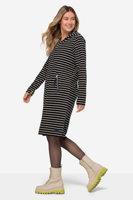 Kleid, geringelter Fleece, Midilänge, Kapuze, Langarm, OEKO-TEX