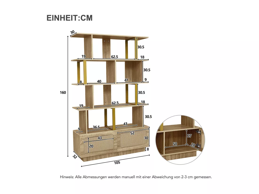 Bibliothèque avec 2 portes en rotin et étagères ouvertes - 105 x 31,7 x 160 cm - Panneaux de particules et métal - Chêne
