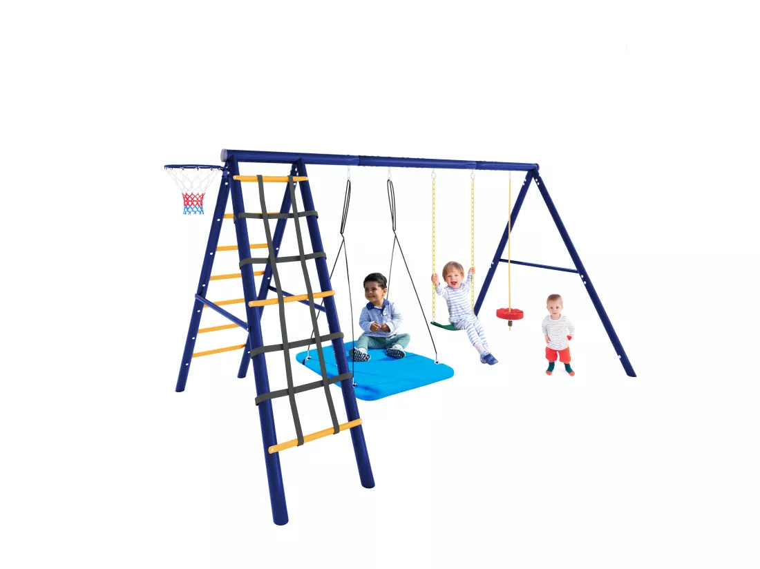 Ensemble de jeux extérieur multifonctionnel pour enfants – 3 balançoires, toboggan, panier de basket, structure d'escalade, balançoire suspendue et cordes