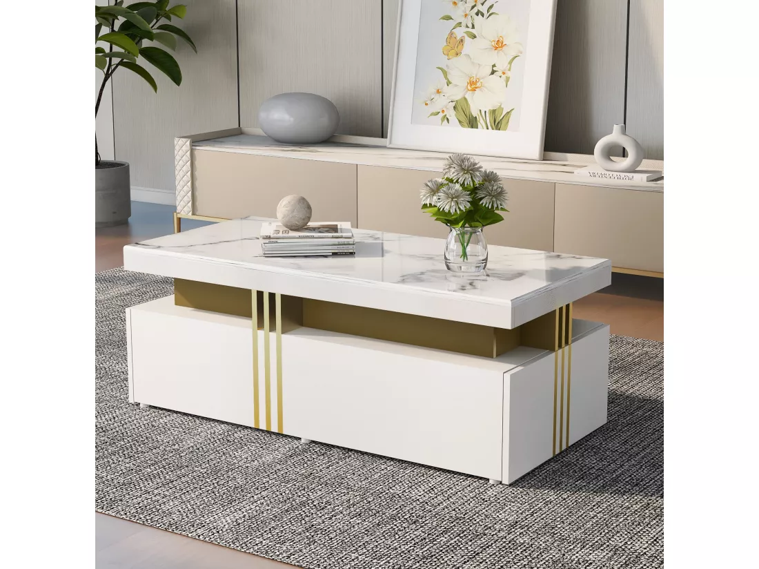 Table basse rectangulaire moderne avec plateau brillant avec 2 tiroirs en bois, plateau marbré, pour salon, 100x50x40 cm, blanc
