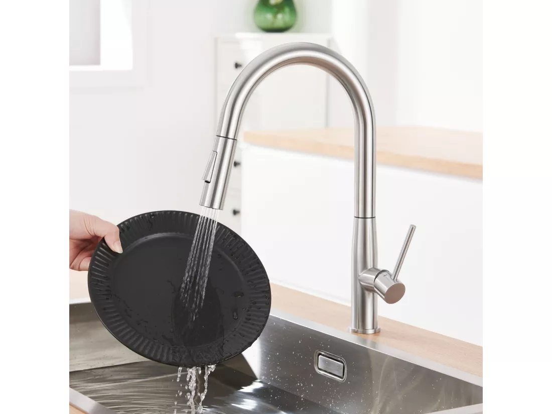Robinet Cuisine Douchette,MitigeurCuisine avec Douchette, Robinetterie Cuisine avec Douchette Extractible Rotatif360° Eau Froide/Chaude,Brossé