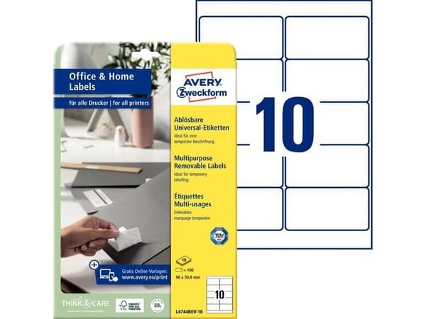 Avery L4744REV-10, 96 x 50,8 mm, A4, uden lak,hvid Til midlertidig mærkning, brug Avery L4744REV-10 aftagelige etiketter, som kan fjernes uden at eft