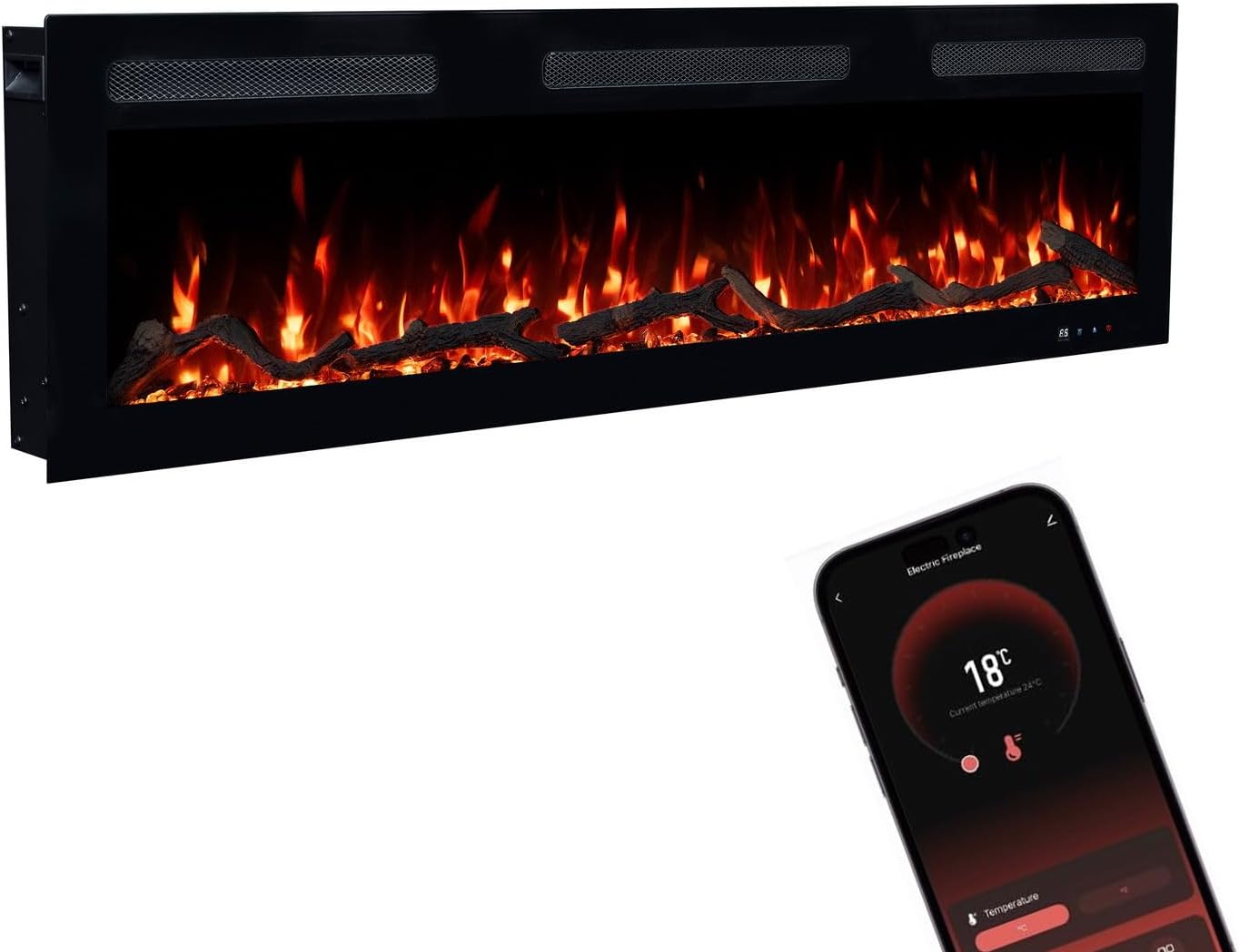 GLOW FIRE Elektrokamin Inside 127 mit realistischem 3D LED-Feuer - Wand-Elektrokamin mit Heizung und Kaminfeuer, App Steuerung, Knistereffekt & Timer, max. 1800 W, 127x35x12cm