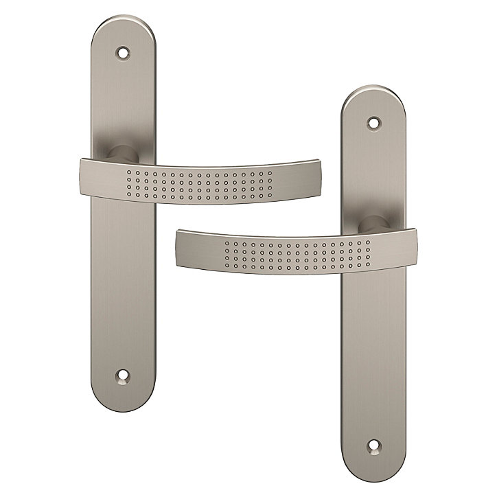 Ensemble poignée sur plaque rond GoodHome Diss effet nickel satin gris L.139mm x l.40mm entraxe 195mm