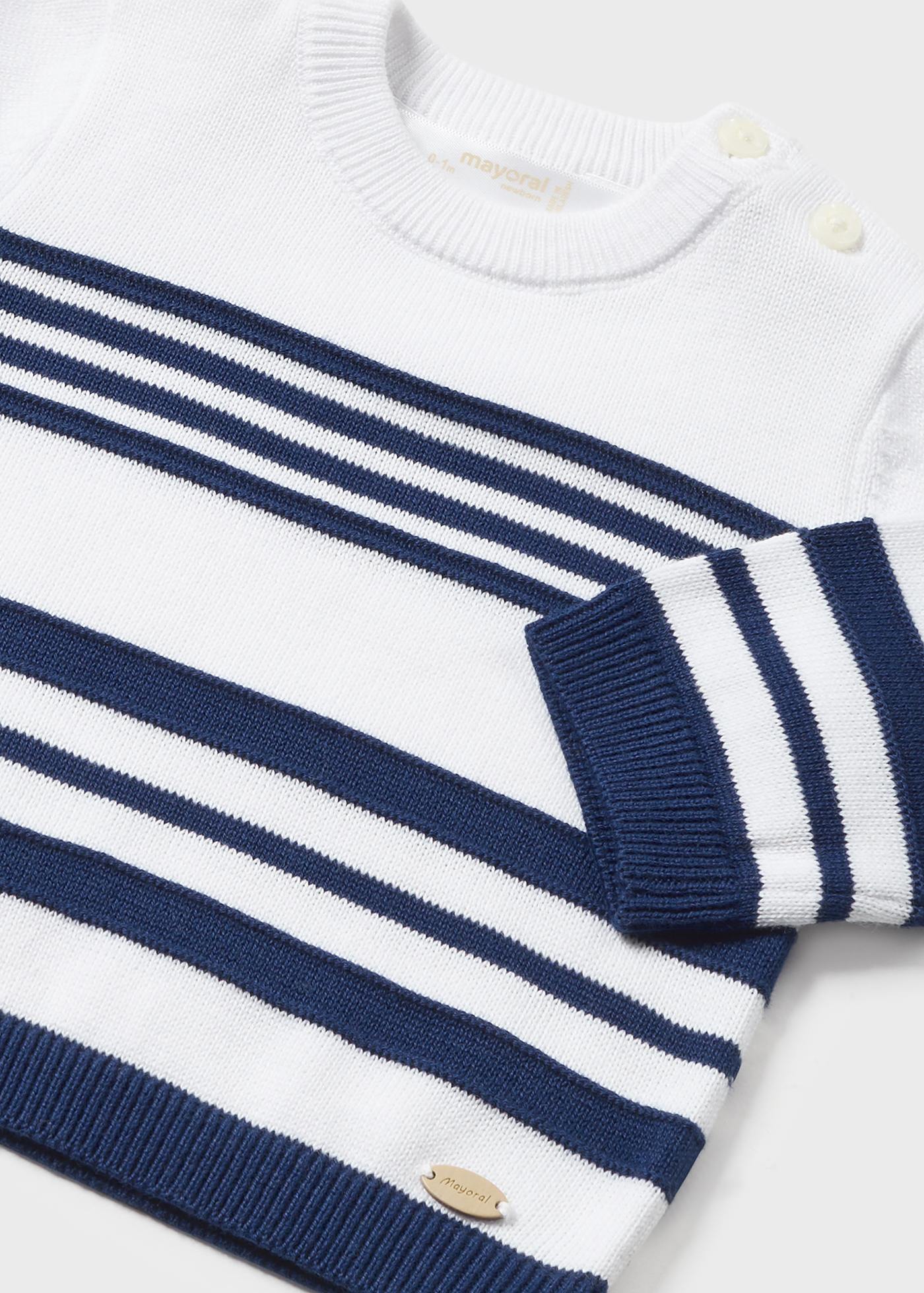 Malha de algodão Better Cotton para recém-nascidos, branco e azul-marinho.