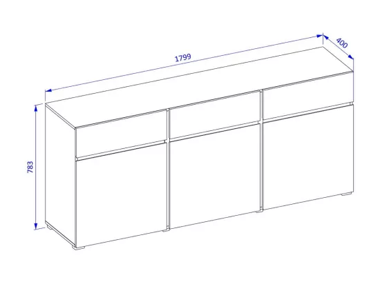 Buffet coloris chêne et noir 180cm collection HAVANA. Bahut design avec 3 portes et 3 tiroirs.