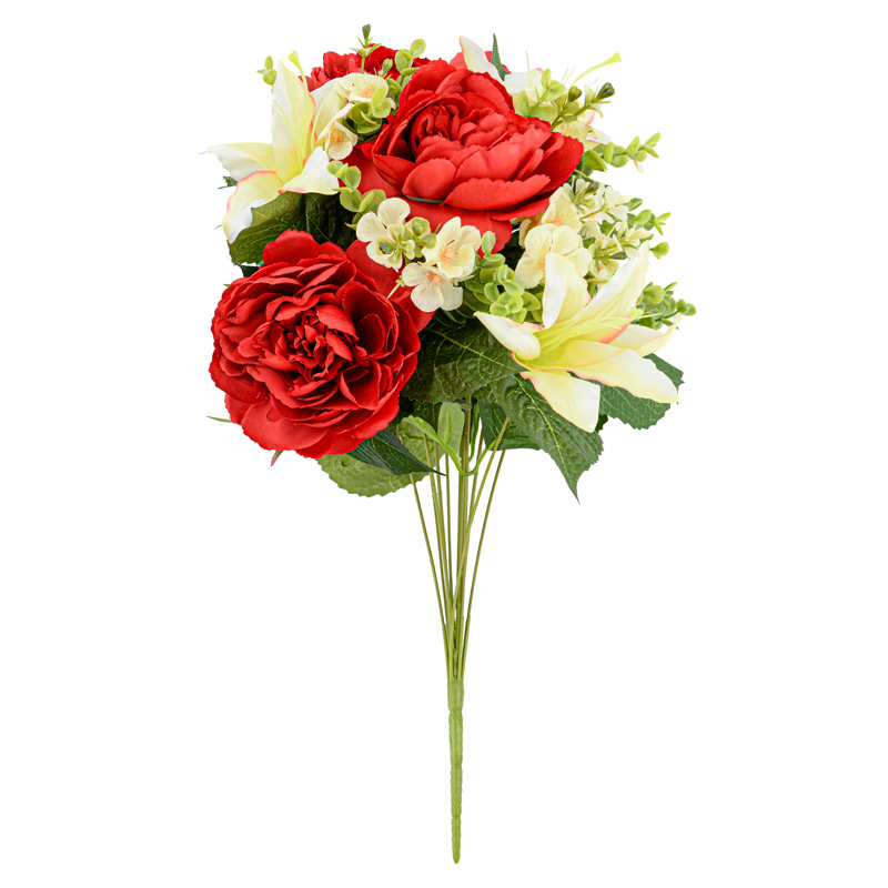 Bouquet de pivoines, lys, buis et fleurettes