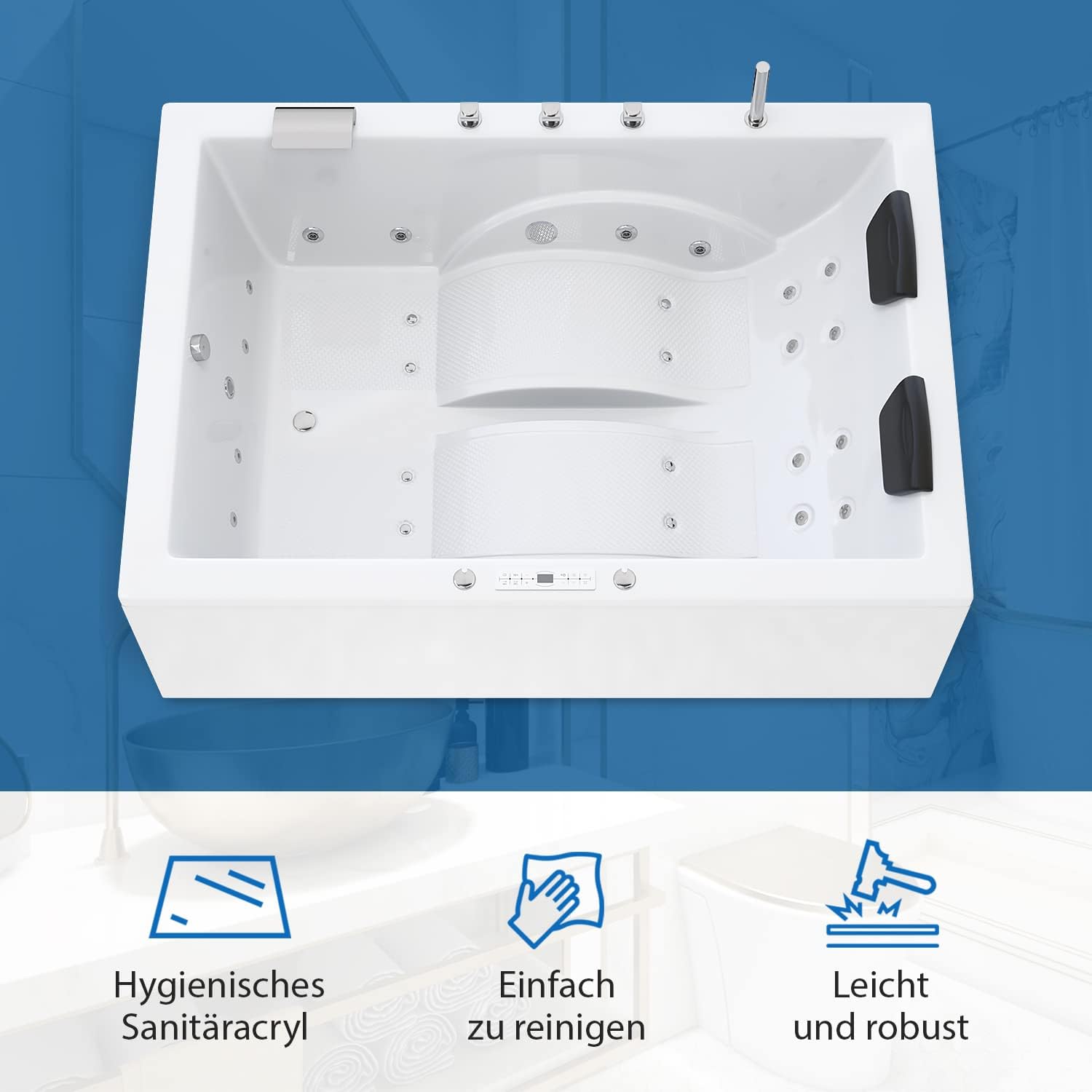 AQUADE Jacuzzi 2 Person Whirlpool Marburg LUX XL 180x130 mit LED Whirlpool Beleuchtung, Armatur Whirlpool Badewanne & Badekissen für Badewanne Whirlpool 2 Personen/Badewanne Komplett Set
