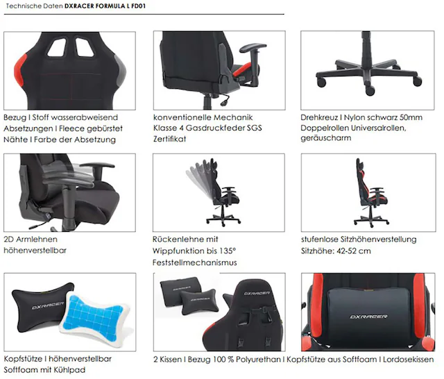 MCA furniture Gaming-Stuhl »DX Racer Formula Gamingchair« (Set) 1 Stk.Gaming,Racing,Design,Lordose,Kissen,Armlehne,drehbar,verstellbar