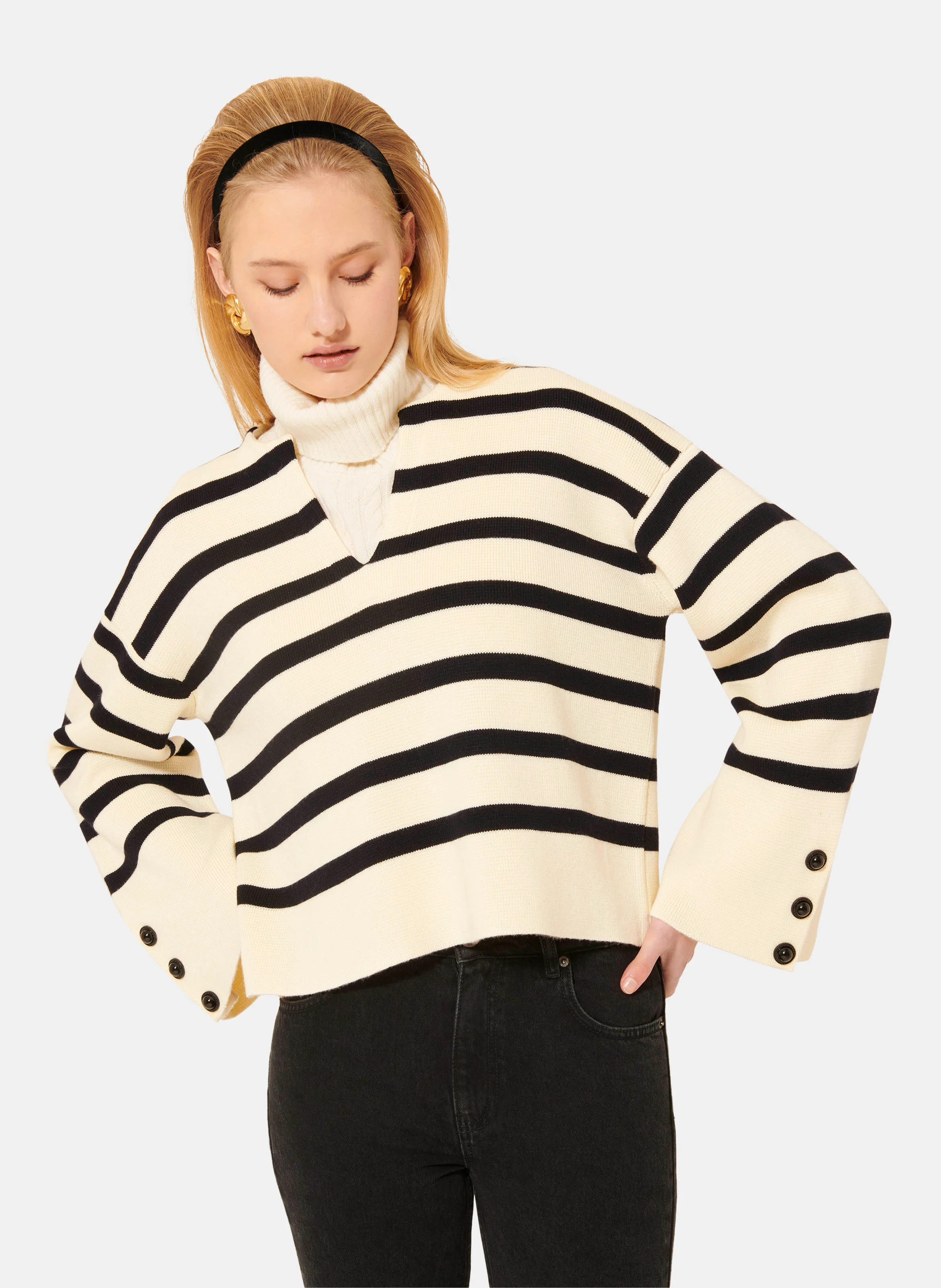 PLONGEOIR - Pull droit rayé à boutons | Beige