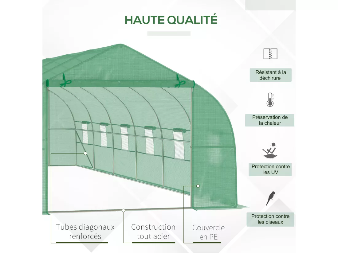 Serre tunnel grande taille 24 m² châssis tubulaire acier galvanisé renforcé 2,4 cm 12 fenêtres 1 porte vert