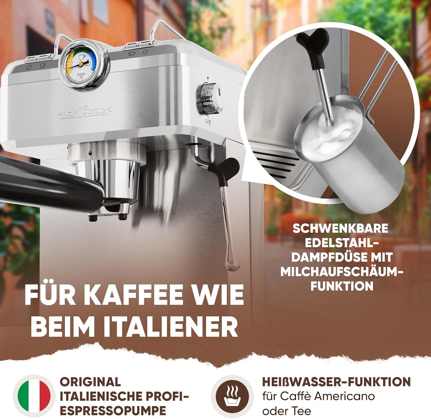 ProfiCook Espressomaschine | Espressoautomat inkl. Siebträger | italienische Profi-Espressopumpe 20 bar | für Kaffeepulver und Nespresso kompatible Kapseln | Kaffeemaschine Siebträger | PC ES 1267