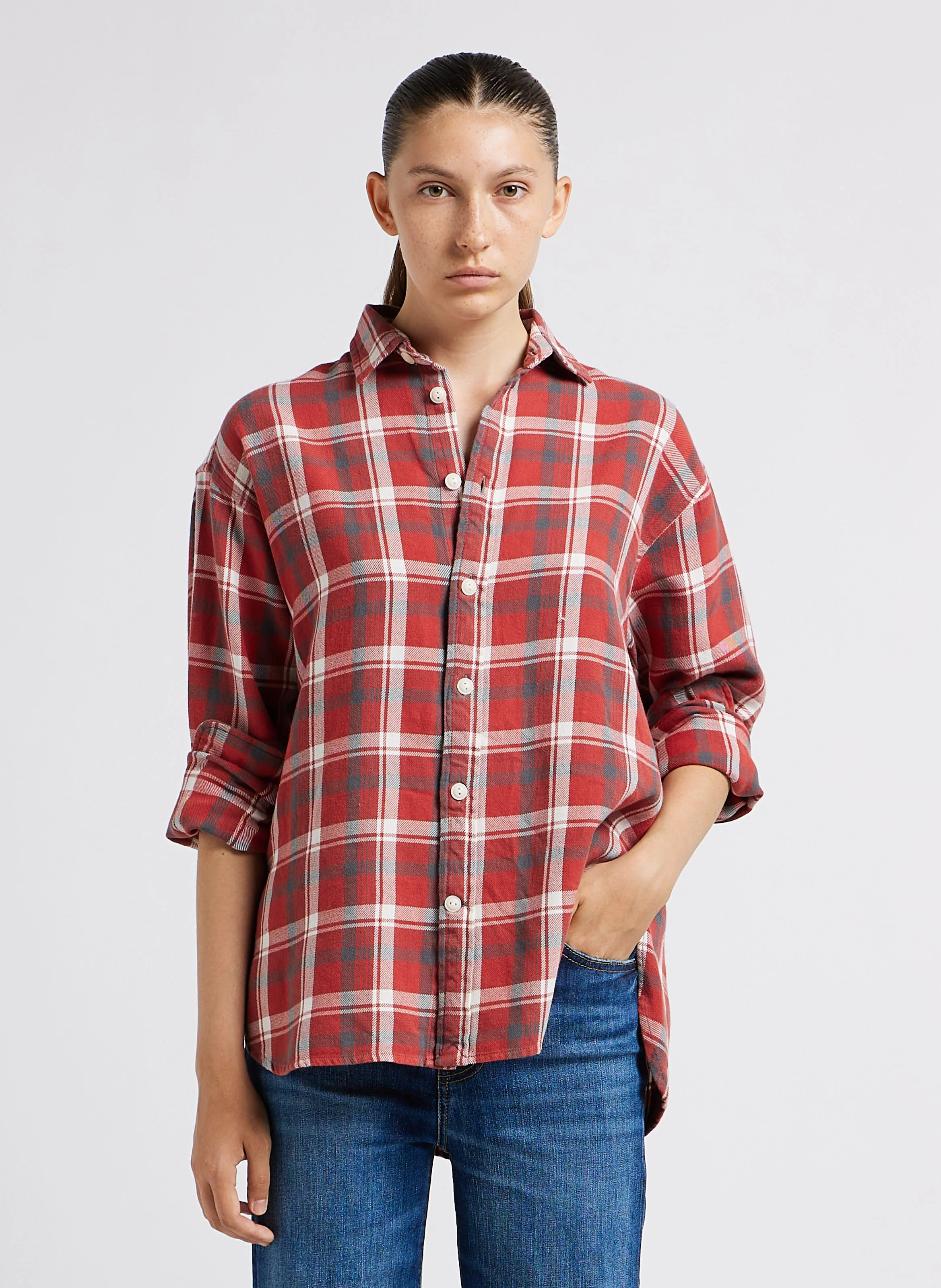 Chemise col classique à carreaux en coton | Rouge