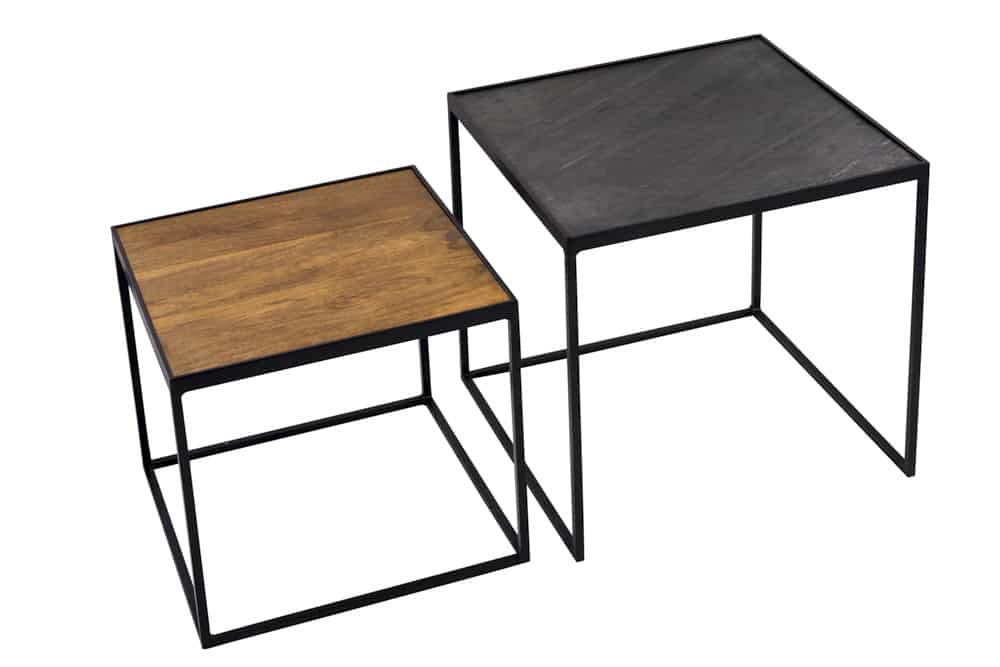 Industrial 2er-Set Couchtische FIRE & EARTH 45cm Mangoholz massiv Schiefer Metall schwarz
