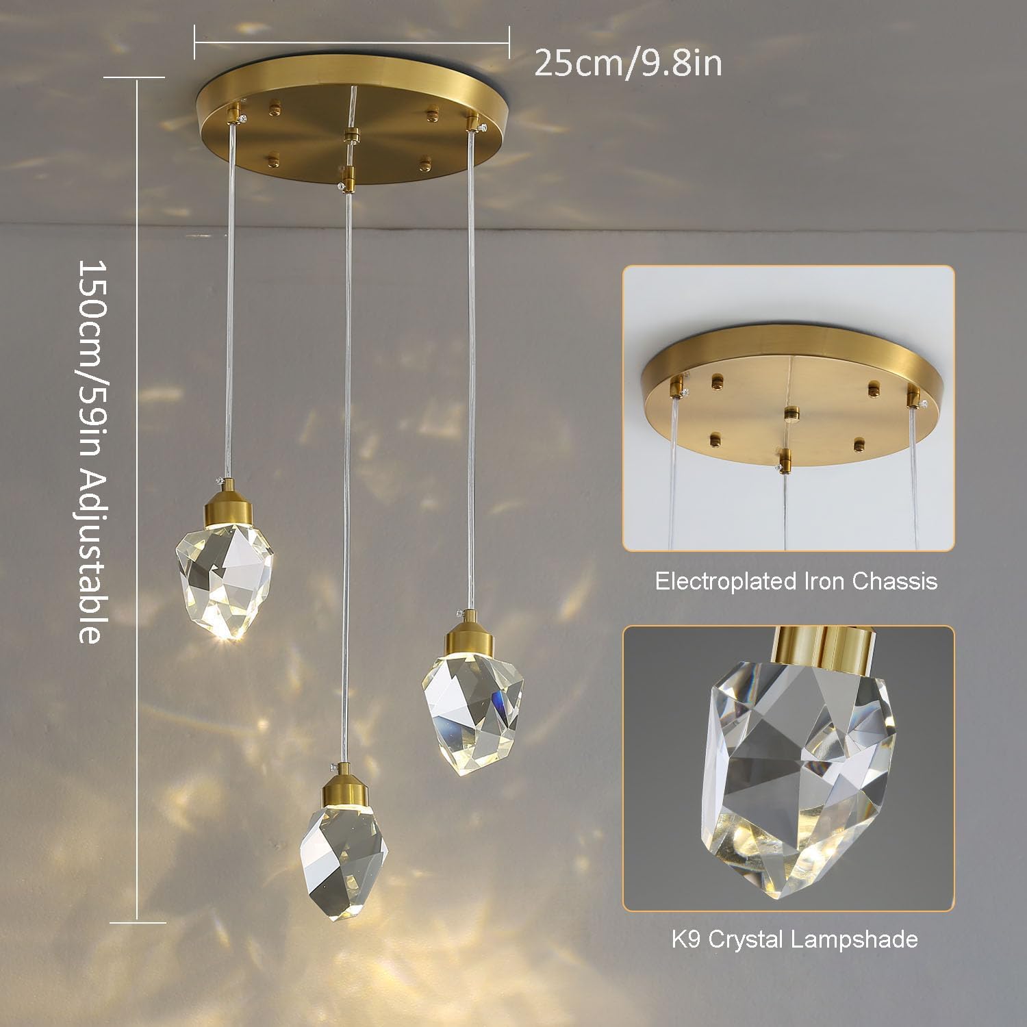 Moderne Kristall Pendelleuchte, 3-Farbige LED Kristall Pendelleuchte, Höhenverstellbare Goldene Decken Hängelampe, Für Kücheninsel Schlafzimmer Wohnzimmer Esszimmer (3-Köpfiger Runder Sockel)