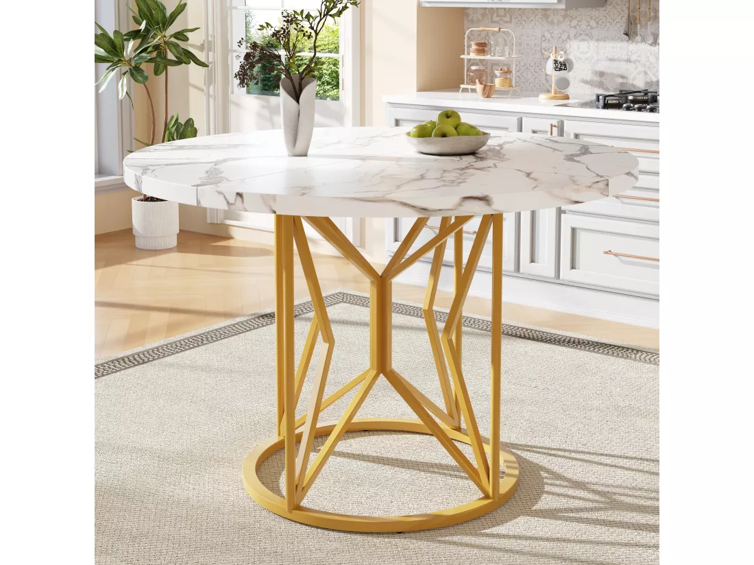 Table à manger ronde 4 à 6 couverts - D 100 x H 76 cm - Plateau en MDF marbré et pièds en métal doré - Blanc + or