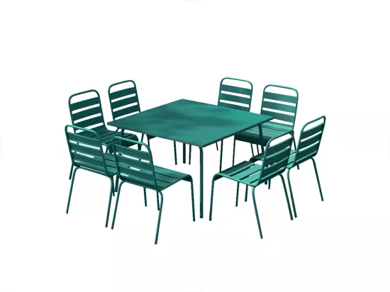 Salle à manger de jardin en métal - une table L.120 cm et 8 chaises empilables - Bleu canard - MIRMANDE de MYLIA