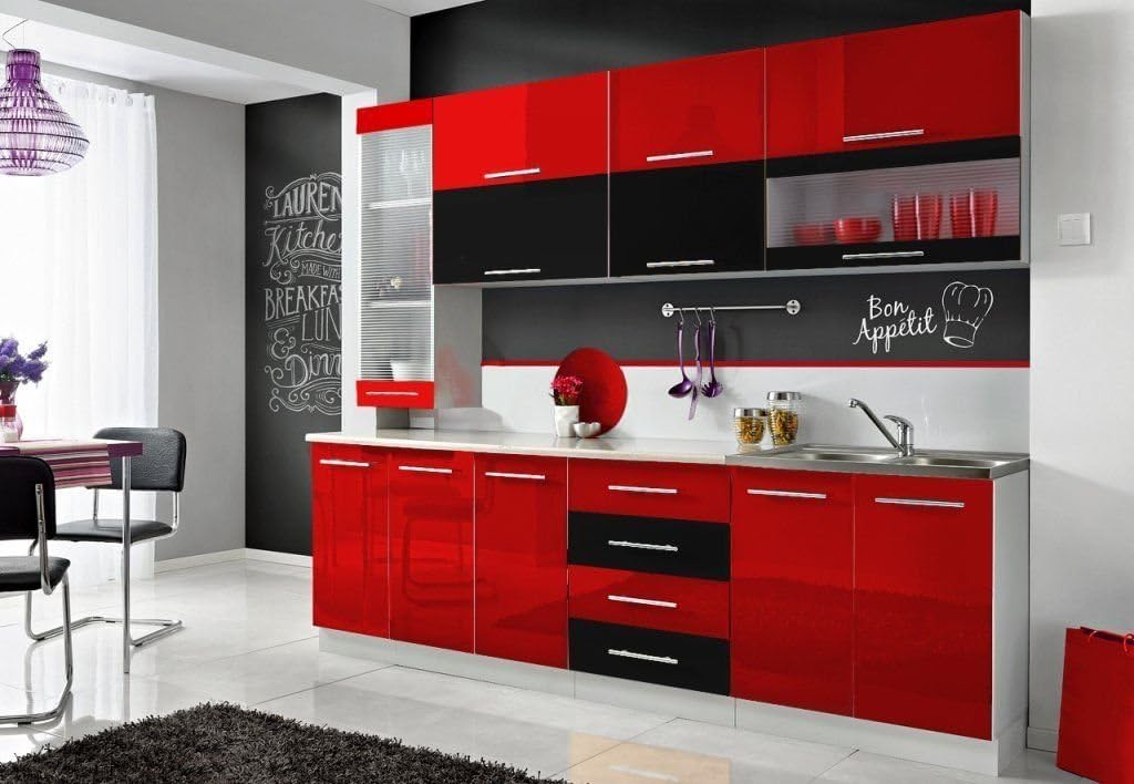 CON Komplette Küche MONI S 260 cm Verschiedene Farbkombinationen Hochglanz NEU (rot/schwarz)