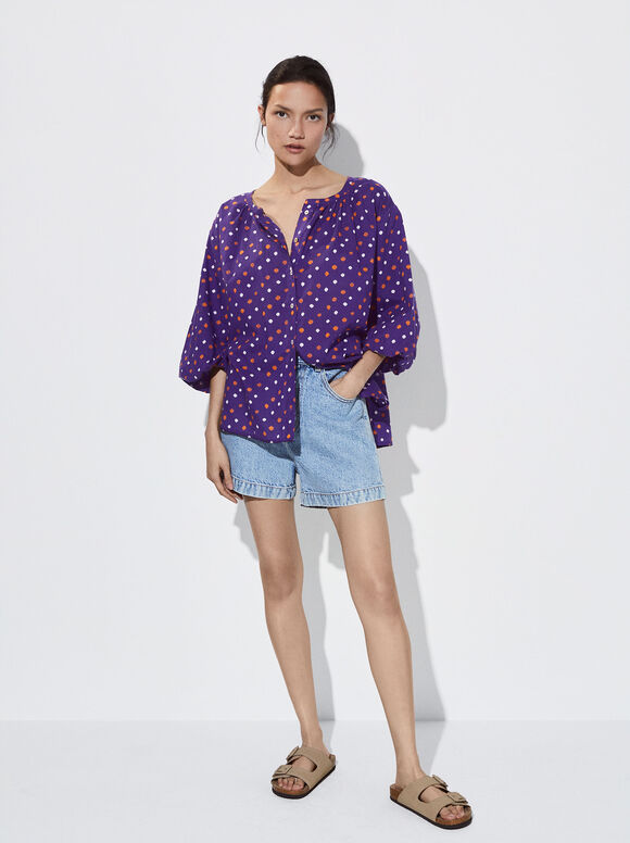 Camisa estampada com mangas bufantes - Violeta