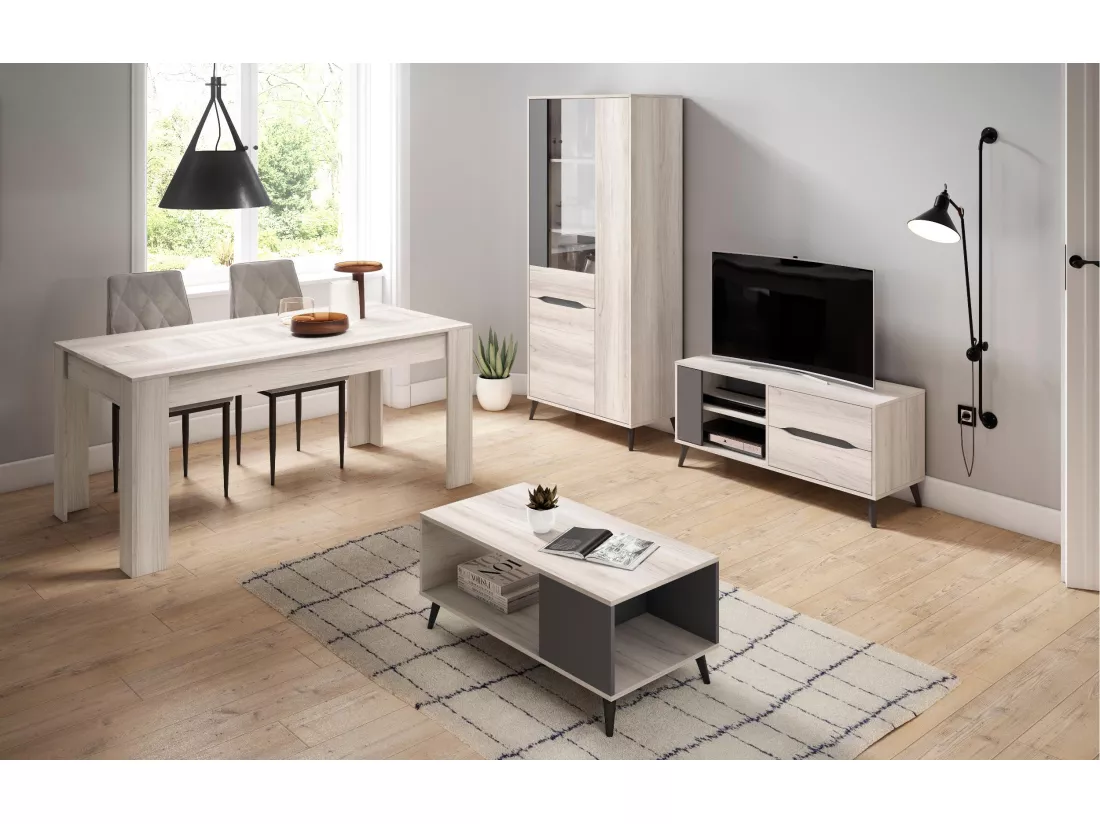 Meuble TV 110, 2 tiroirs + 1 porte, salon, Modèle KAI, couleur Chêne, Gris, 113x40x52cm