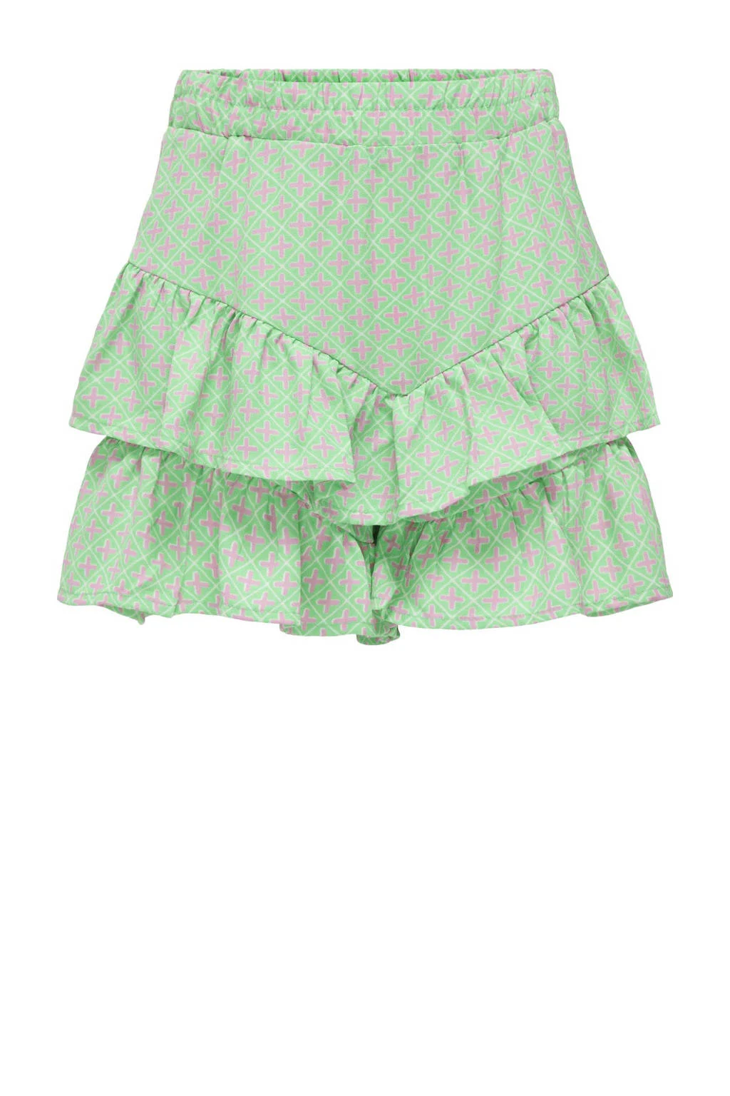 ONLY skort KOGBEATE met all over print en ruches frisgroen/lila