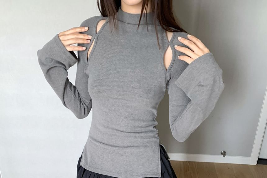 Striinkie - T-shirt met lange mouwen, een mockneck, een effen uitsnijding en een zijsplit
