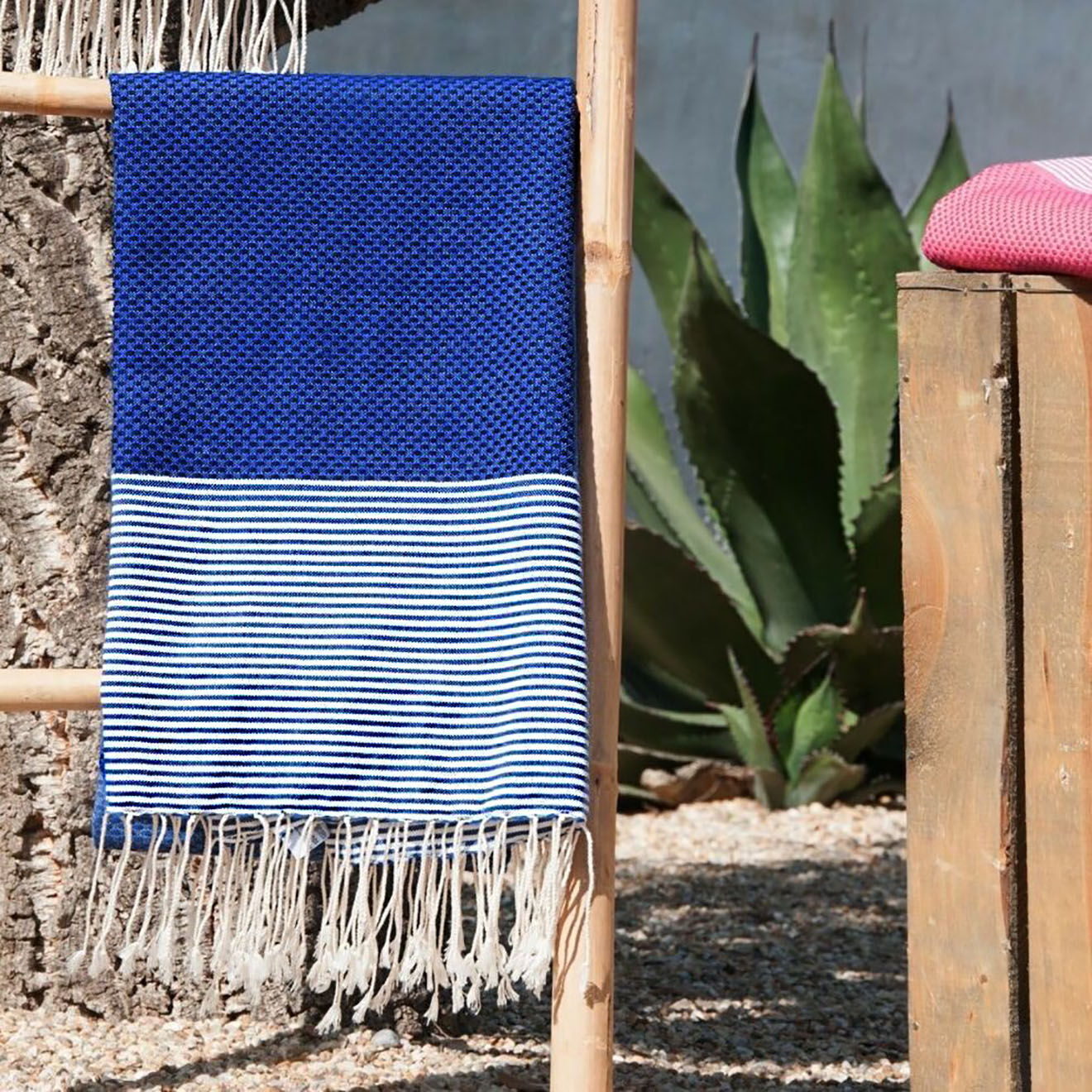 Febronie Fouta Nid d'Abeille Ibiza bleu grecque/blanc - 100x200 cm