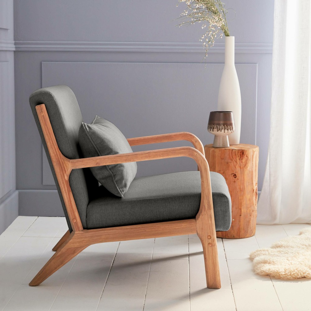 Fauteuil design en bois et tissu. 1 place droit fixe. Pieds compas scandinave. Structure en bois solide. Assise confortable. Gris