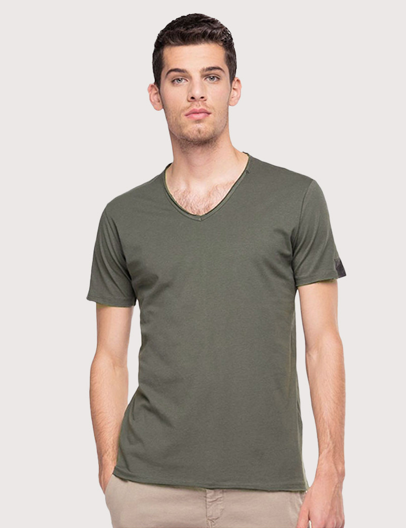 REPLAY T-SHIRT COL V COTON GRIS CLAIR