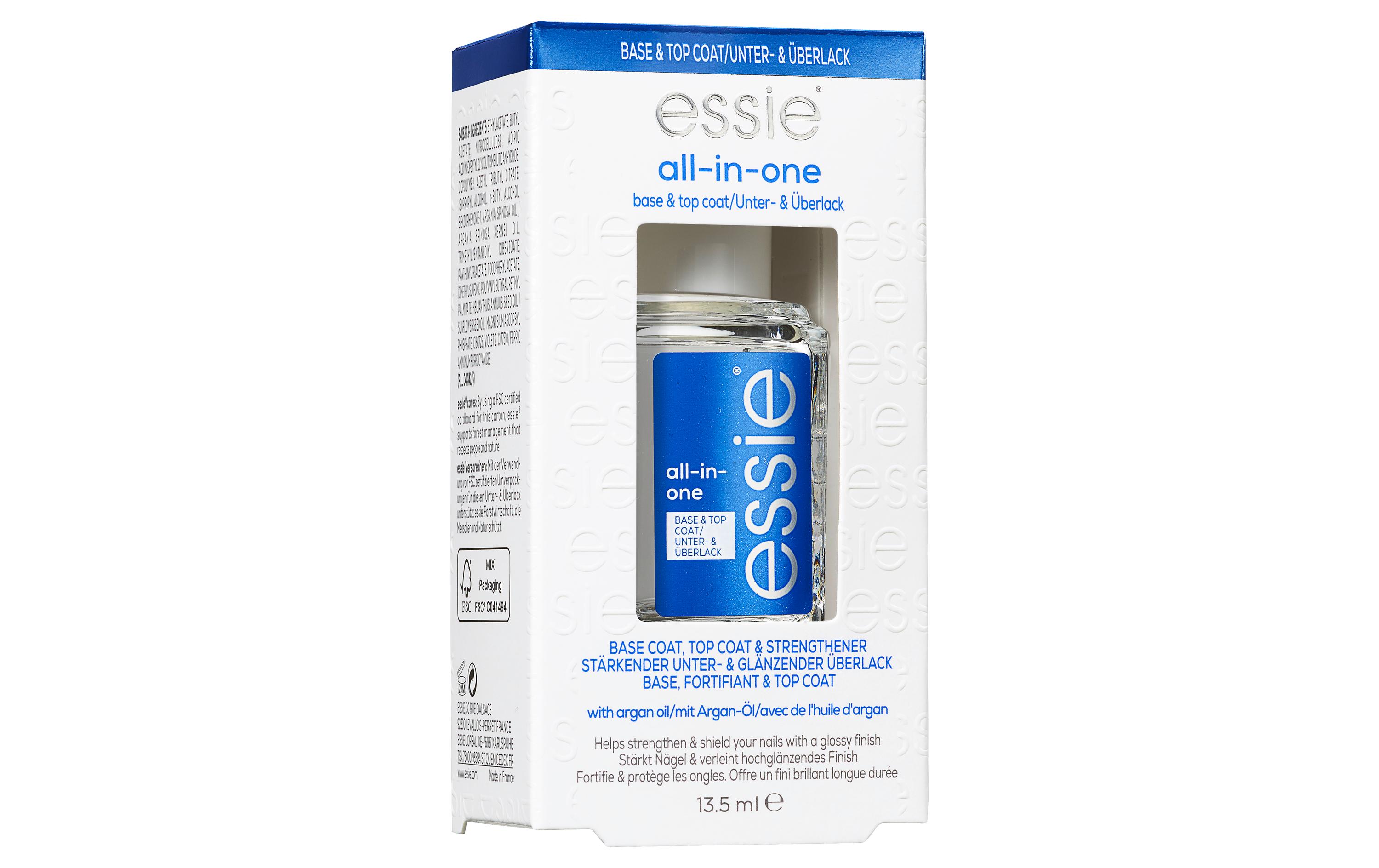 Basecoat Nagelfplege Unterlack All in One, 13.5 mlEssies Alleskönner – Der Unterlack all in one. Dieser 3-in1-Lack kann als Unter- und Überlack genutzt werden.