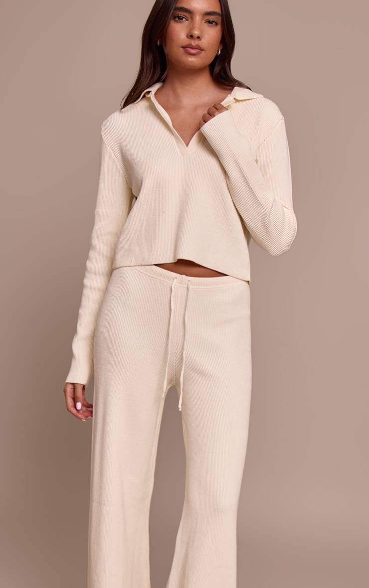 Crème Pantalon En Maille Côtelée À Jambes Larges