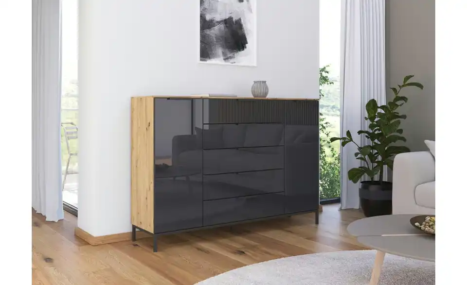 Highboard Basaltgrau, Eiche Artisan (Nachbildung) Basaltgrau, Eiche Artisan (Nachbildung) Front: Glas, Oberboden: Dekor 160 cm Graphit