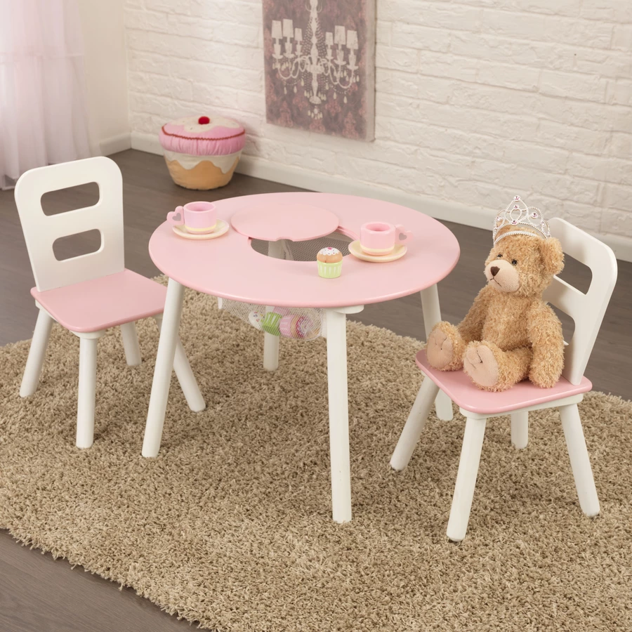 KidKraft® Runder Aufbewahrungstisch mit zwei Stühlen, weißrosa