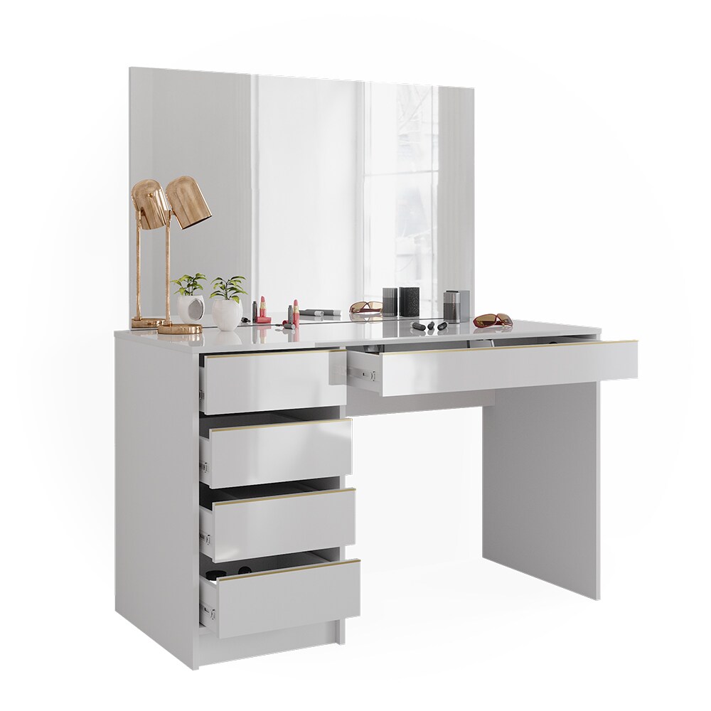 Vicco Schminktisch Sherry Weiß Hochglanz Gold 120 x 75 cm 5 Schubladen Spiegel