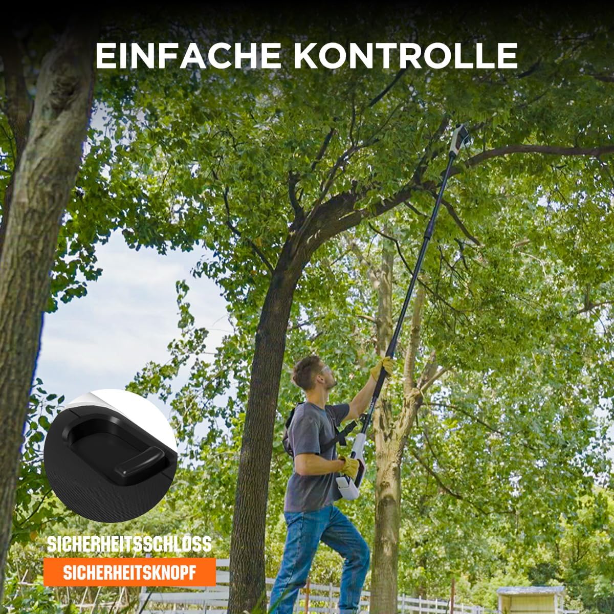 Litheli U20 Akku Hochentaster 20V inkl. 3 Ketten, Teleskop-Hochentaster mit 10000 mAh Akku, Akku-Teleskopsäge mit 8 m/s Schnittgeschwindigkeit zum Schneiden und Beschneiden von Ästen