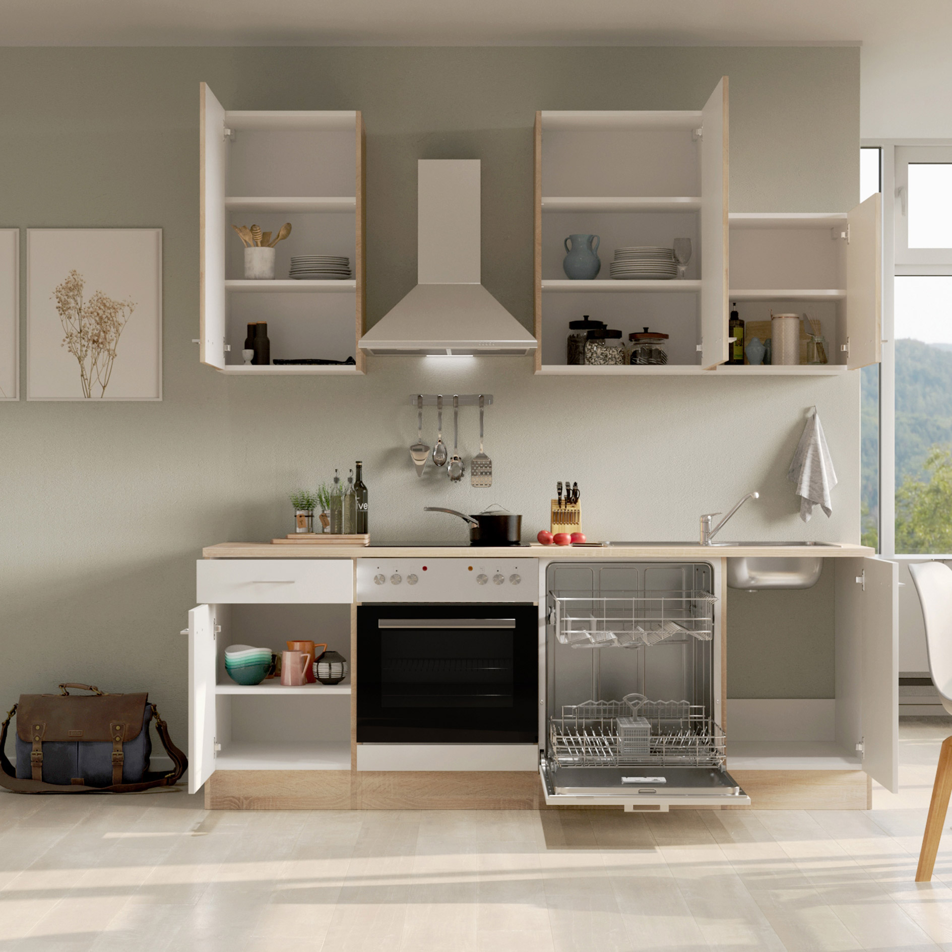 Küchenblock SAMOA - weiß - Sonoma Eiche - mit E-Geräten - 220 cm