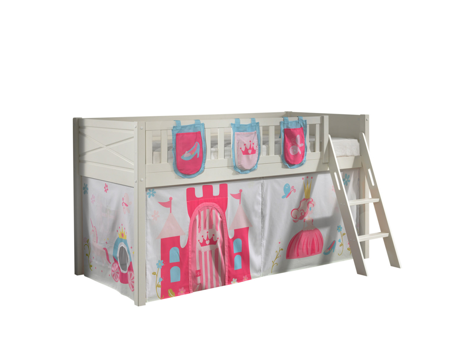 Spielbett SCOTT - weiß - Princess - mit Vorhang, Leiter und Taschen - 90x200 cm
