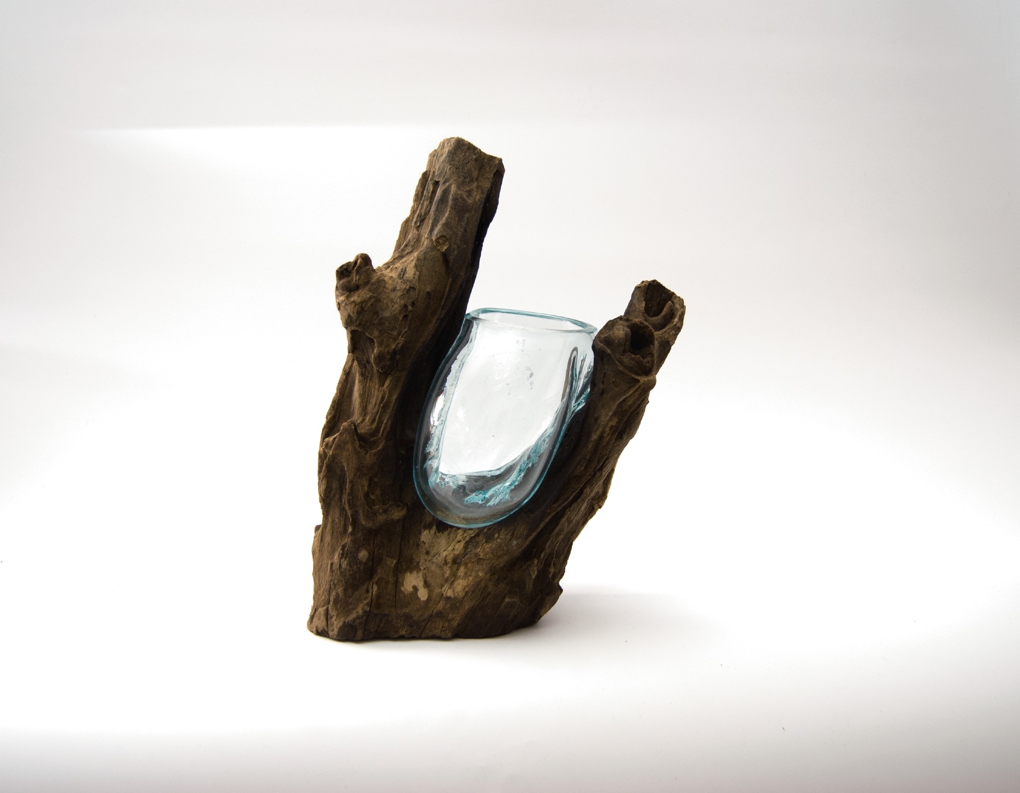 Glasvase auf Wurzelholz, B ca. 20 cm, H 15-20 cm, T ca. 14 cm von fischer's lagerhaus