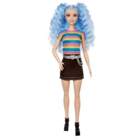 Barbie Fashionistas Puppe (blaue Haare) im Regenbogen-Shirt und Rock