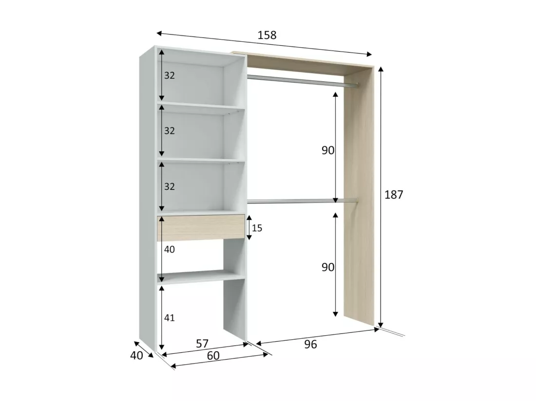 Armoire Miramar, Structure pour dressing, Armoire ouverte sans portes, Dressing, 158x40h187 cm, Blanc et Chêne