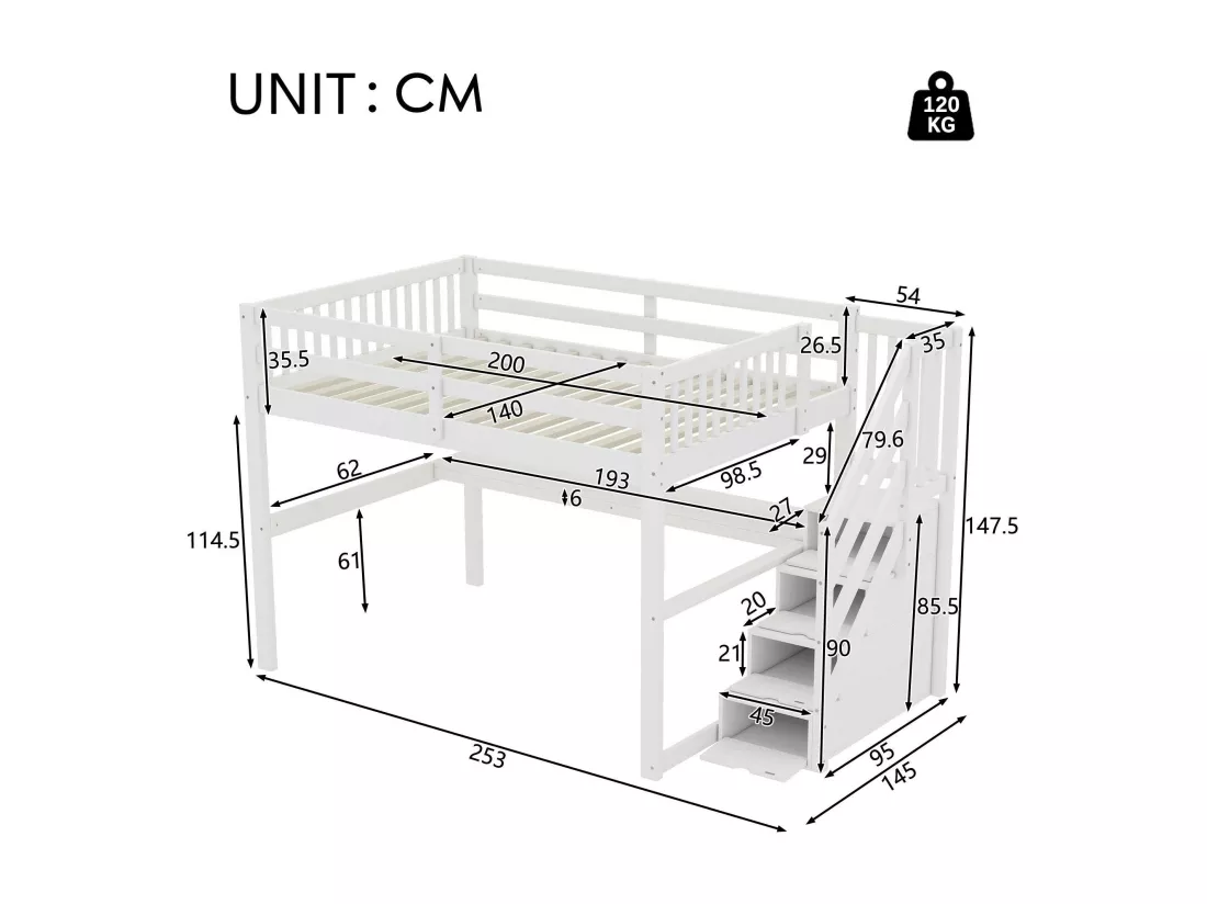 Lit mezzanine en bois de pin - 140x200cm - avec escalier de rangement et bureau - avec sommier à lattes - Blanc