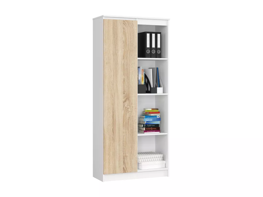 Bibliothèque de bureau AKORD R80 Blanche 80 cm 1 porte façade Chêne Sonoma mat 8 étagères 80x35x180 cm