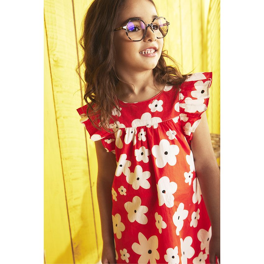 Robe manches courtes volantées imprimé fleurs pour fille - Rouge